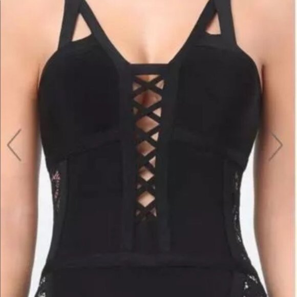 BEBE Spandex Open Lace Sides Criss Cross Bodice Black Mini Dress Size SP NWT - Picture 2 of 4